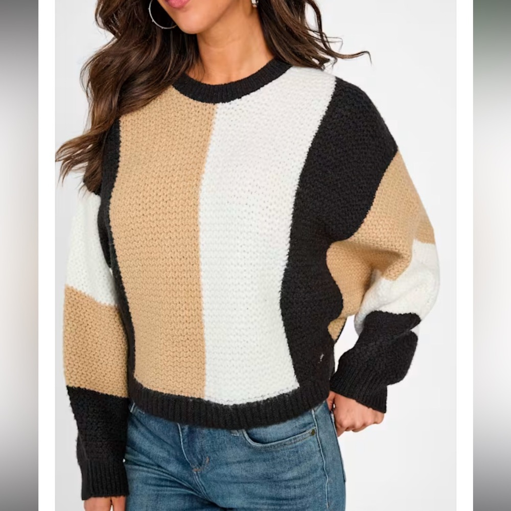 Guess Colour Blocked Loose Fit Cropped Knit Sweater
